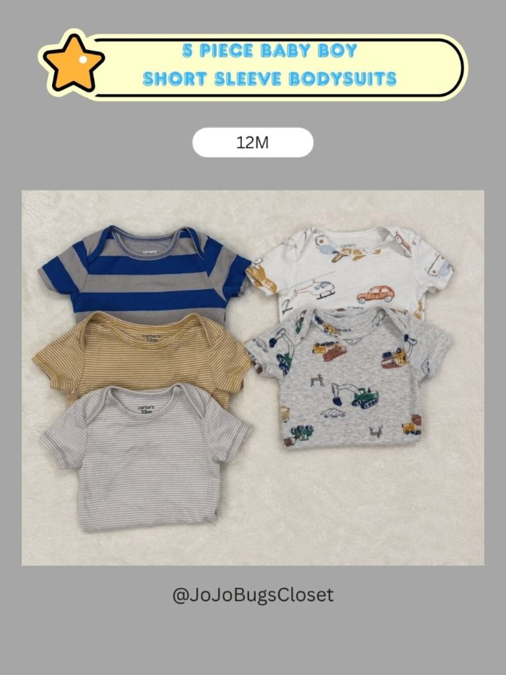 Carter's Baby Boy Short Sleeve Bodysuit Bundle | 12M | 5 Piece Onesie Set